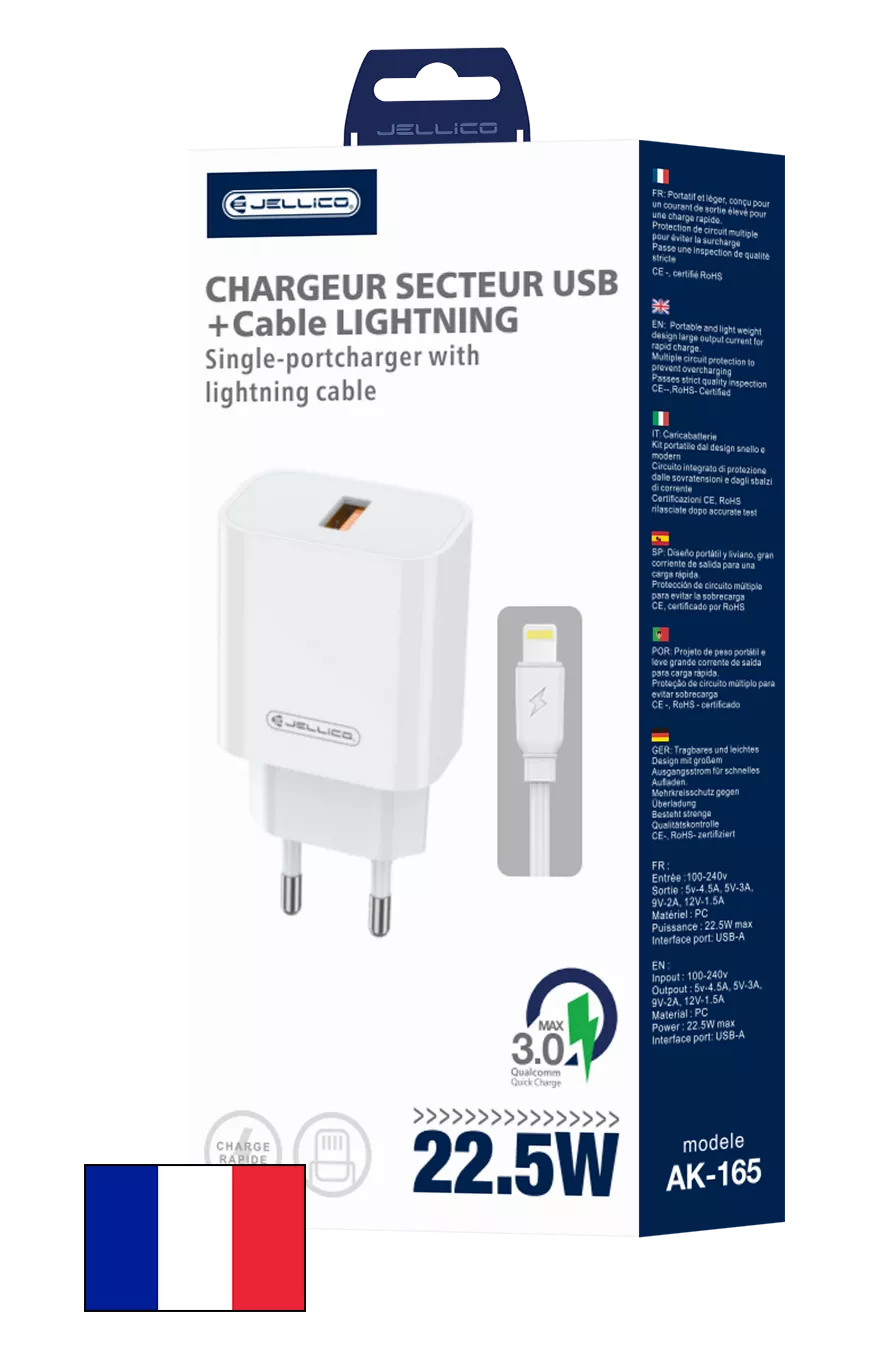 Adaptateur secteur Usb-A avec cable Usb-A vers Lightning (22.5W) JELLICO AK165 blanc