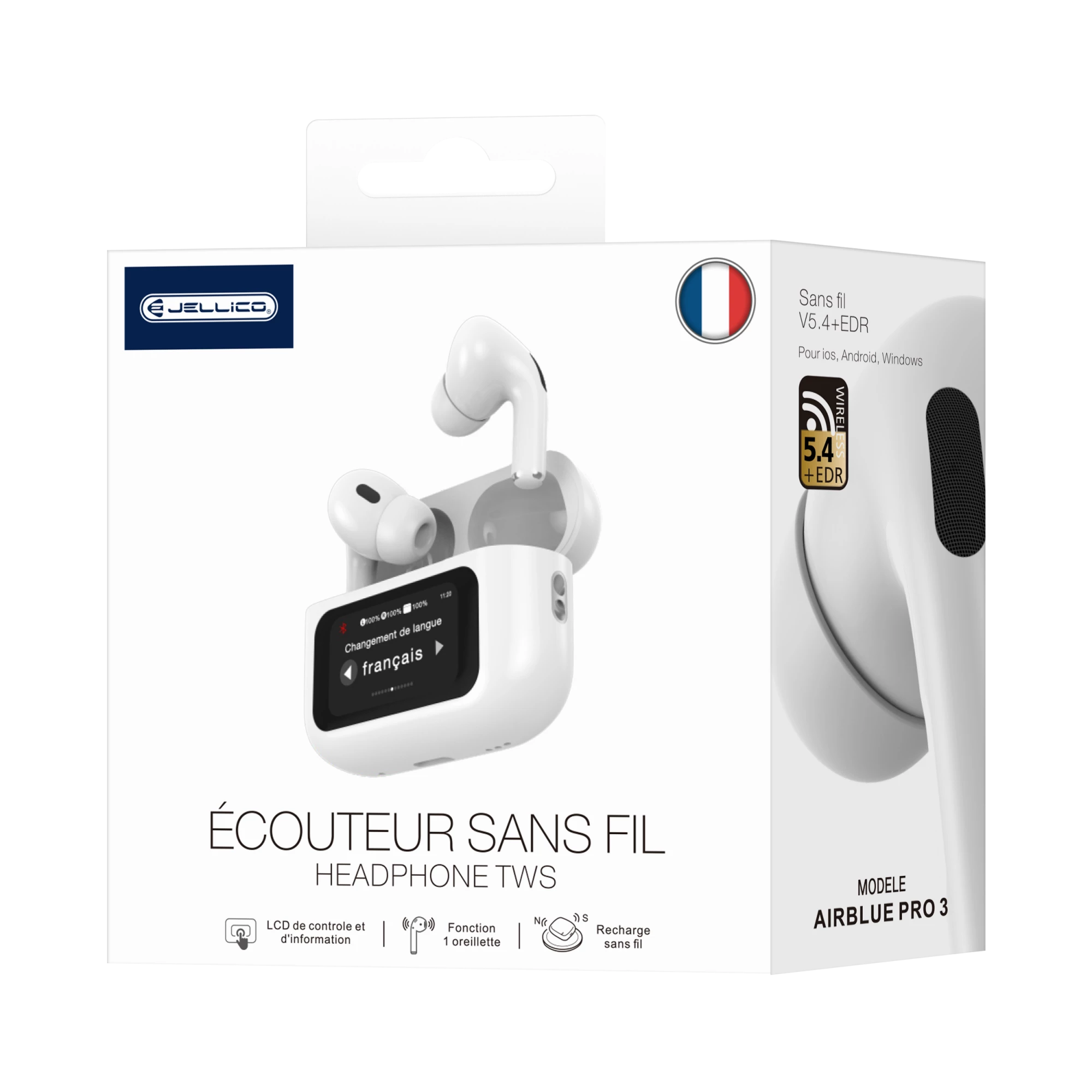 Ecouteurs sans fil bluetooth avec écran tactile JELLICO AirBlue Pro 3 blanc