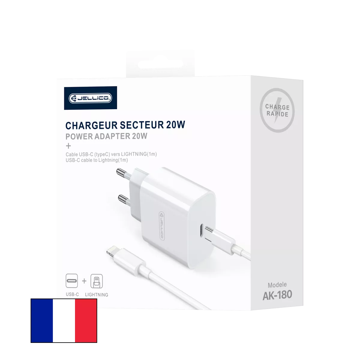 Adaptateur secteur Usb-C avec cable Usb-C/Type C vers Lightning (20W) JELLICO AK180