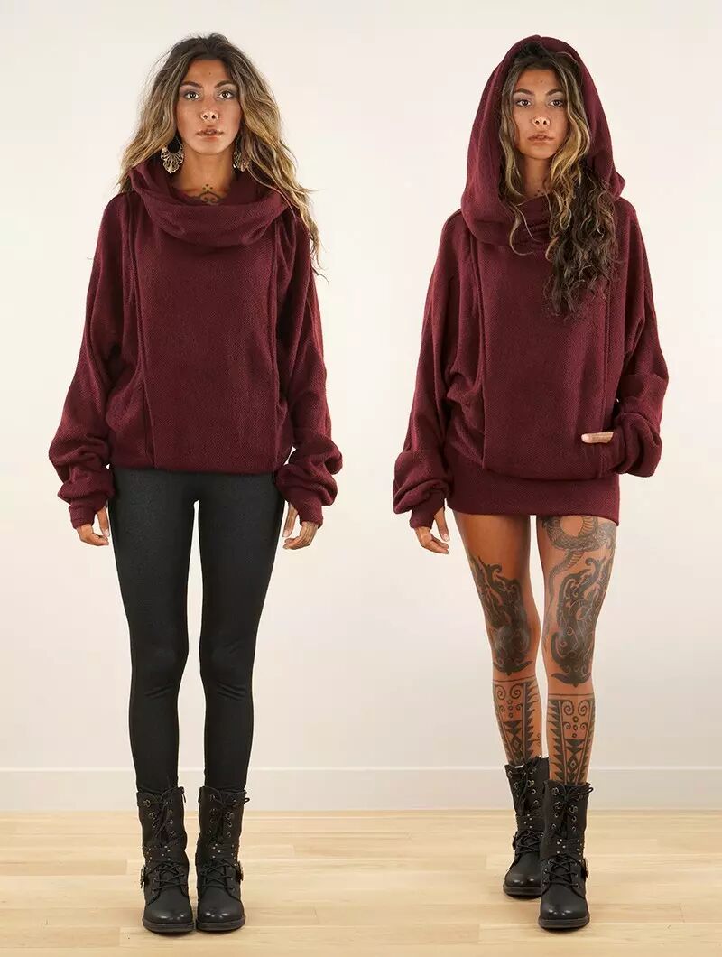 Pull long retroussable à capuche "Helixx", Bordeaux