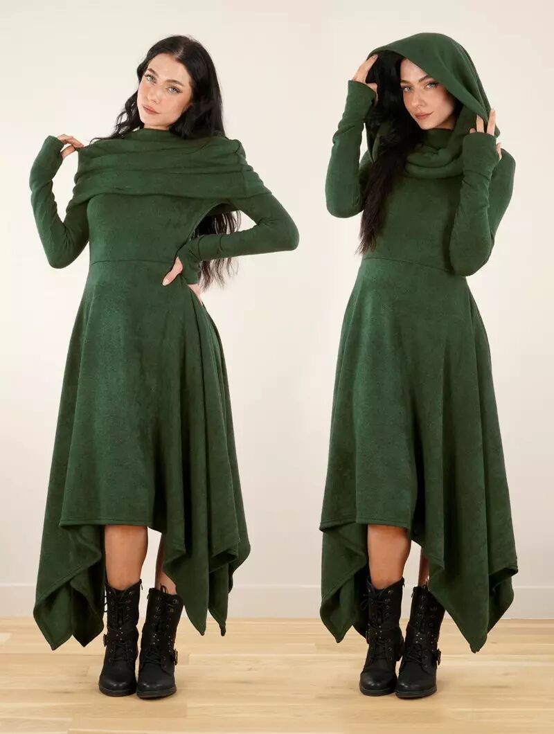Robe pull longue à gros col et capuche "Mantwëen", Vert forêt