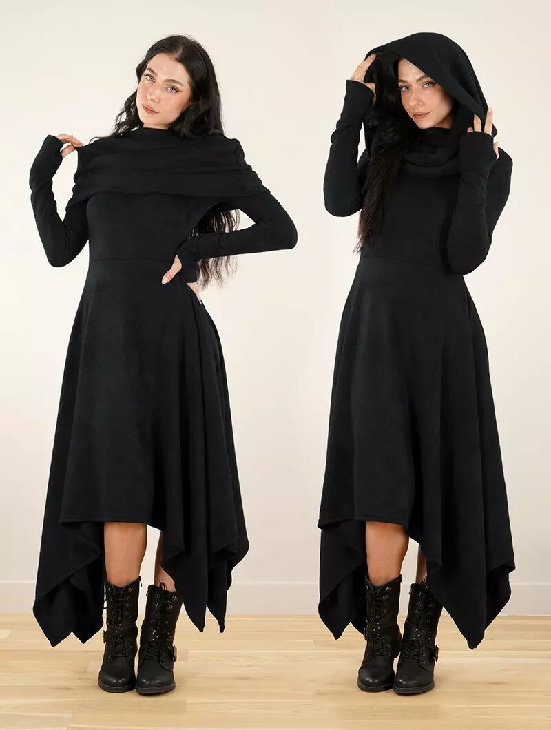 Robe pull longue à gros col et capuche "Mantwëen", Noir